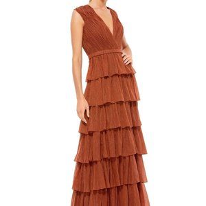 Mac Duggal Nutmeg Sparkle Plunge Neck Ruffle Tiered Gown